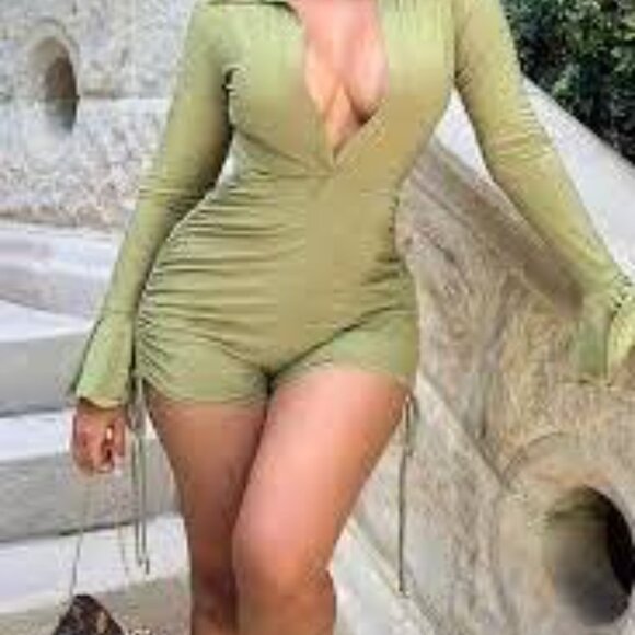 (NWT) FASHION NOVA Short Shorts Romper. Light Olive, S - Picture 10 of 10